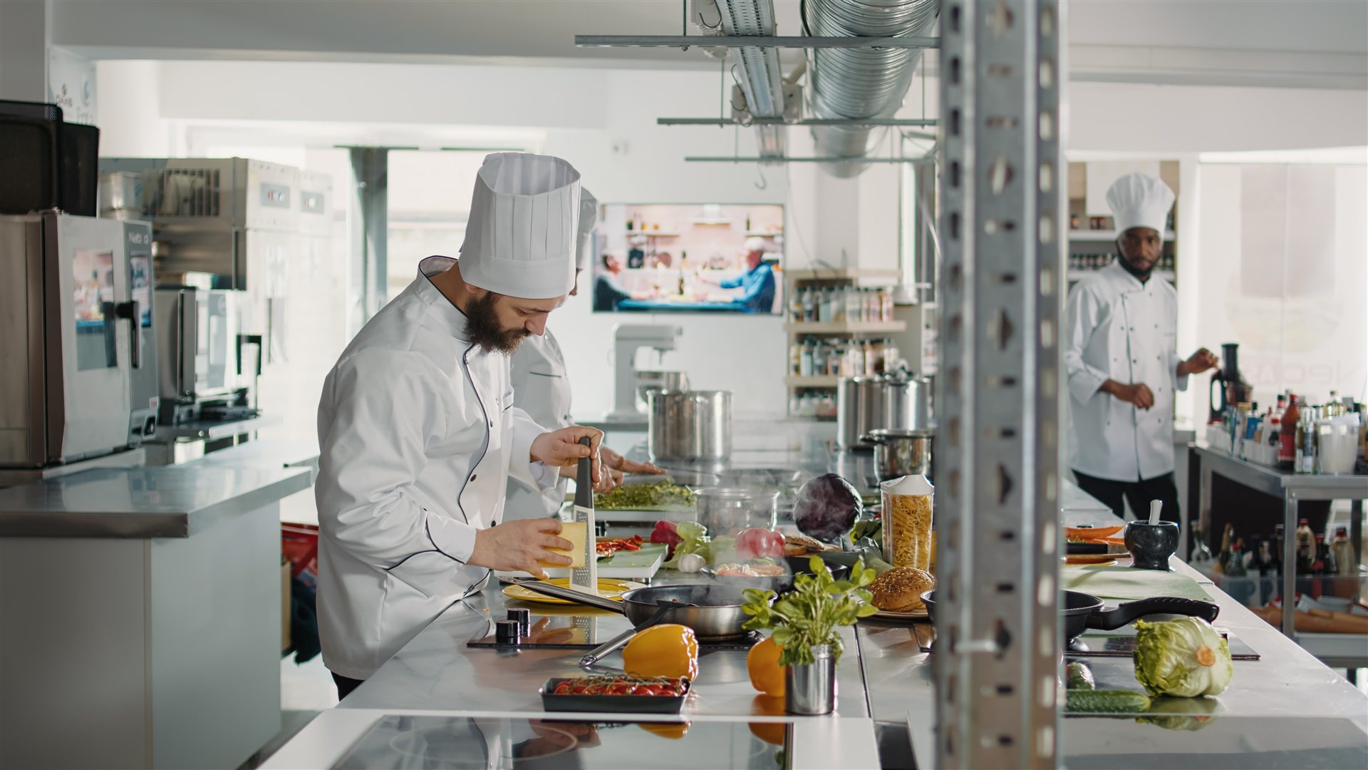 Professional chefs working in a commercial kitchen